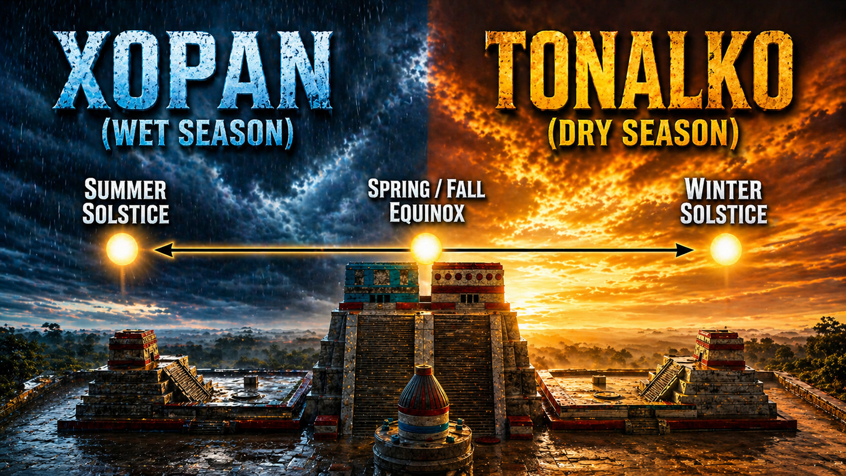 Xopan (wet season) and Tonalko (dry season) shown between the summer solstice, equinoxes and winter solstice